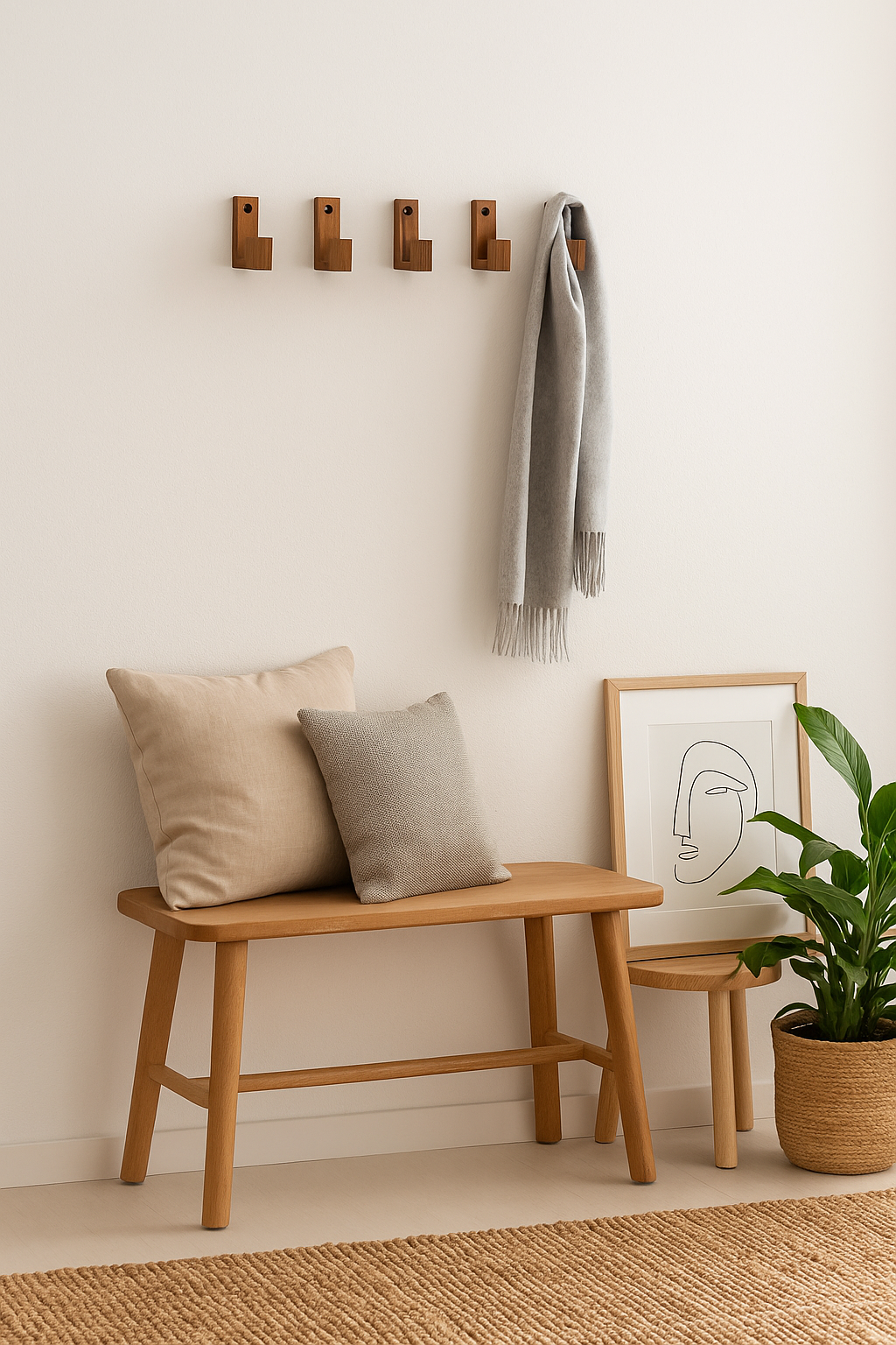 Zestaw 5 wieszaków w kolorze Ciemno brązowym na jasnej ścianie na których wisi szary szalik